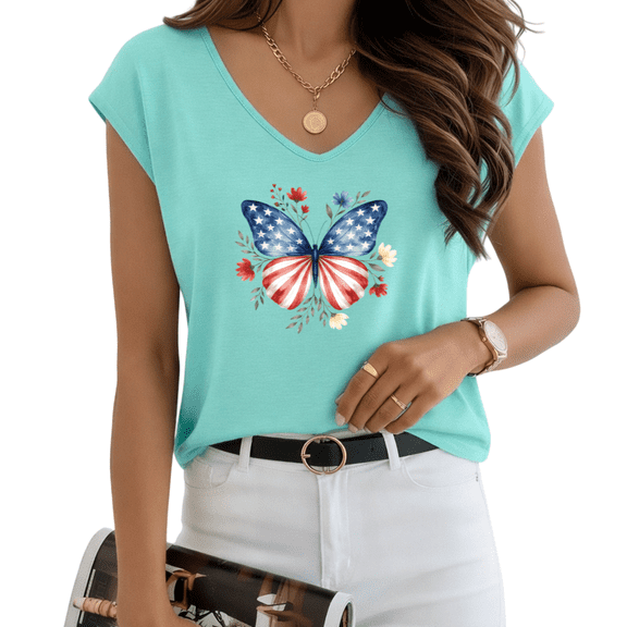 UNISHE Women's American Flag Butterfly Print Blue V-Neck Sleeveless T-Shirt S-5XL Daily Tank Top