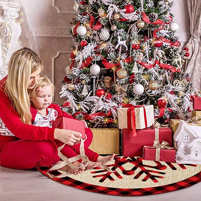 Vestido de árbol de Navidad de punto rojo con copos de nieve y renos para decoración de fiestas en interiores y exteriores (solo falda de árbol de Navidad) LingWen 9024715172181