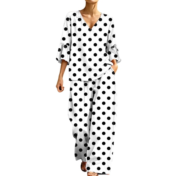 SELONE Two Piece Sets for Women Fall Lounge Set V Neck 3/4 Sleeve Tops Wide Leg Pants Polka Dot Casual Matching Sets XL