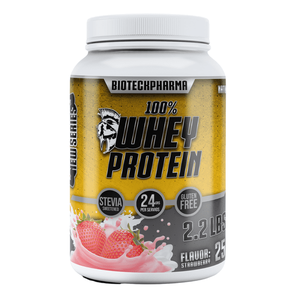 BIOTECKPHARMA| 100% Whey Protein sabor Fresa de 2.2lbs| 24 grs de proteina por scoop| Rinde 25 porciones BIOTECKPHARMA 100% WHEY PROTEIN 100% WHEY PROTEIN, PROTEINA HIDROLIZADA BAJA EN CARBOHIDRATOS