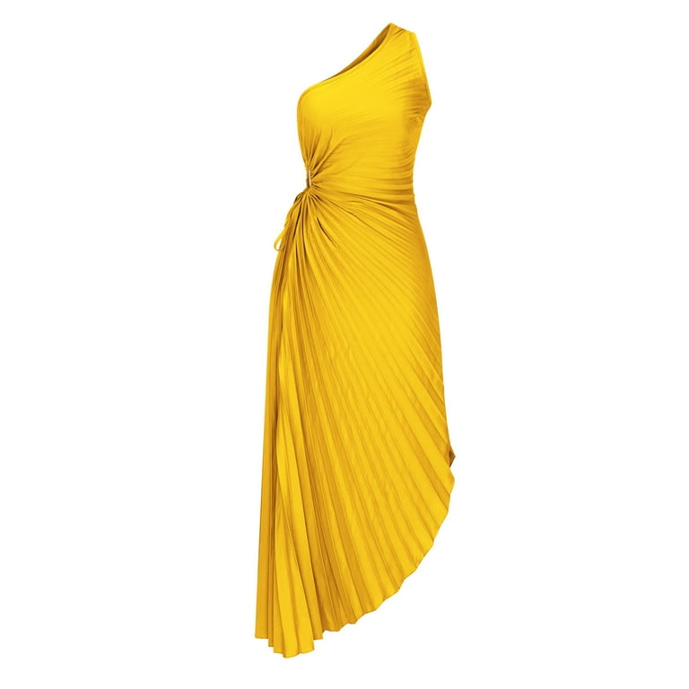 Ladies Wedding Attendee Dresses Yellow Solid Hollowed Out One Shoulder Cake Cocktail Skirt Dresses(Yellow/M)