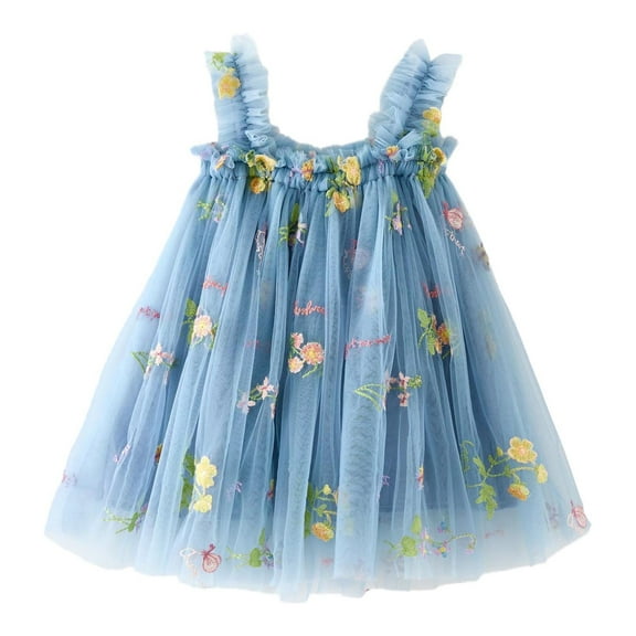 WERYOUNG Girls Dress Summer Cute Lace Mesh Sleeveless Flower Embroider Princess Dress Dance Party Dresses Girls Lovely Ball Gown Dress,Blue,2-3 Years