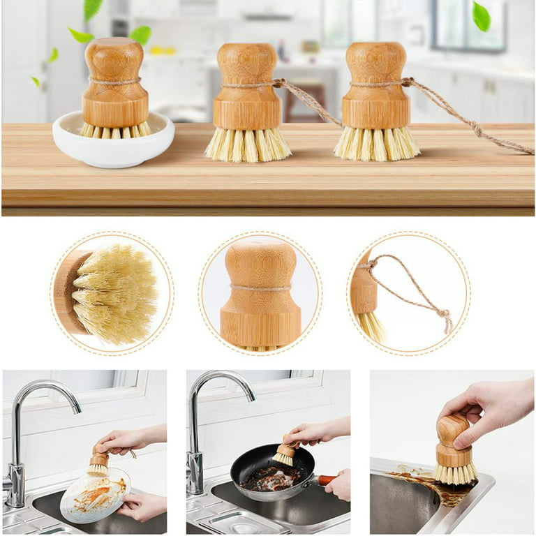 3 Pcs Dish Brush Bamboo Dish Scrubber Kitchen Scrub Brush for Cleaning Dishes, Pots, Pans, Sink and Vegetables