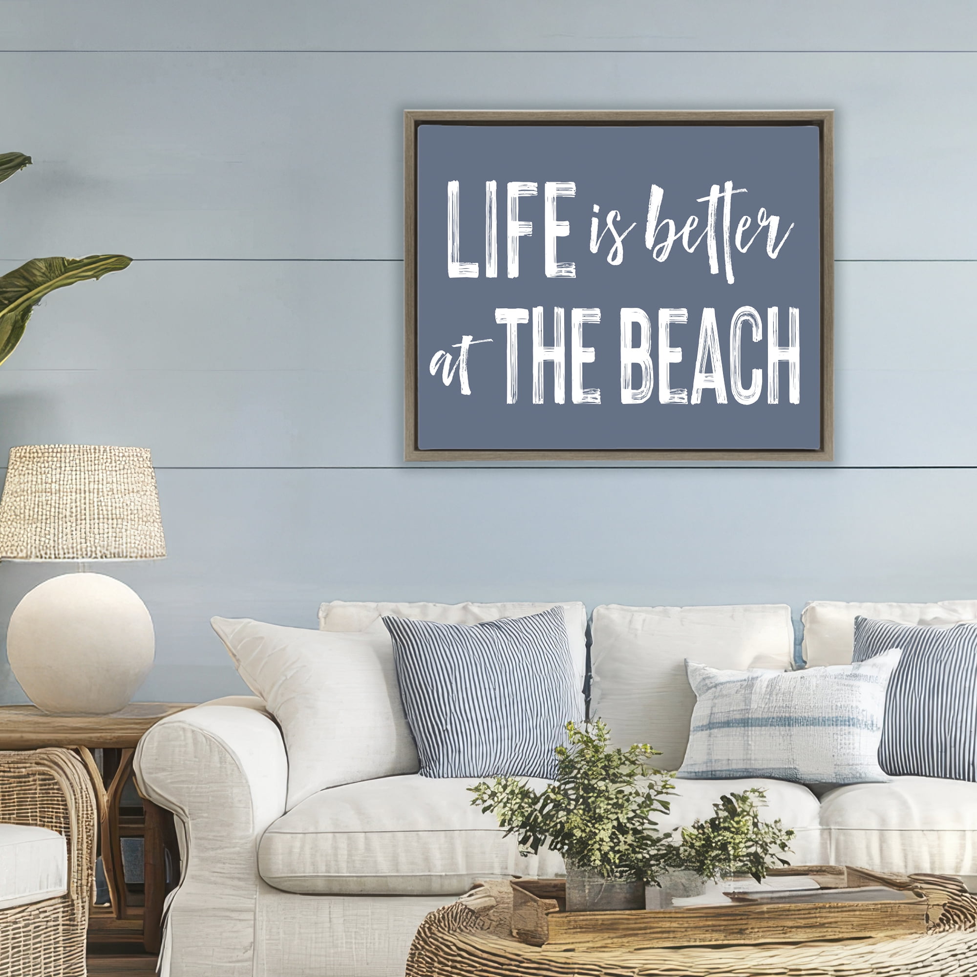 Life Better At Beach Blue Brown Framed Floater Canvas Wall Art, design by Lettered and Lined