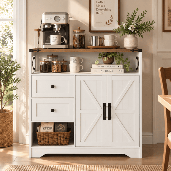 Vabches Coffee Bar Cabinet, 38” Farmhouse Kitchen Storage Sideboard Buffet Cabinet 2 Drawers & Adjustable Shelves for Dining Room, Living Room, Entryway, White