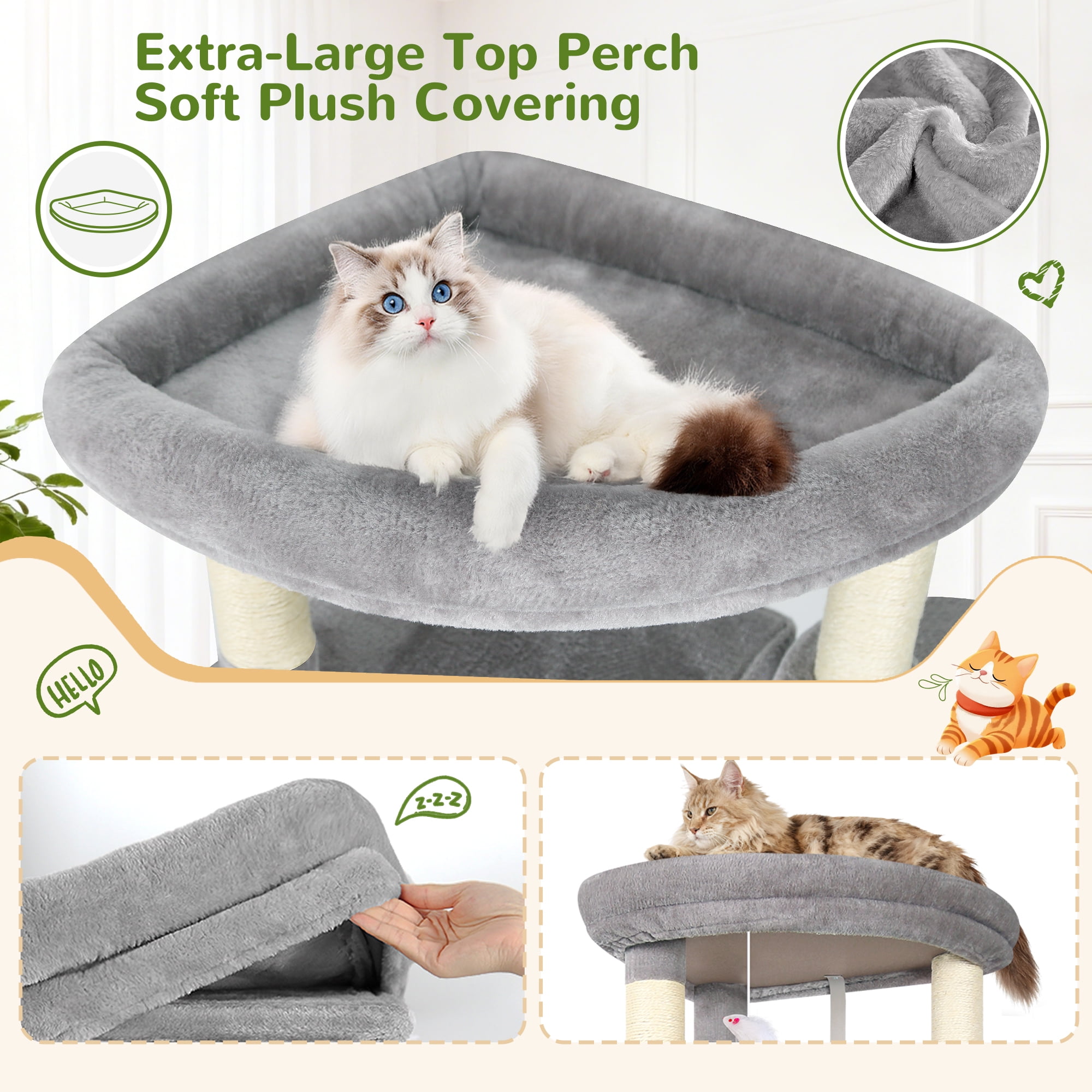 Globlazer 68" XL Corner Cat Tree Tower Condo for Large Cats - 6 Sisal Scratching Posts, 2 Condos, Hammock & Hanging Basket, Light Grey