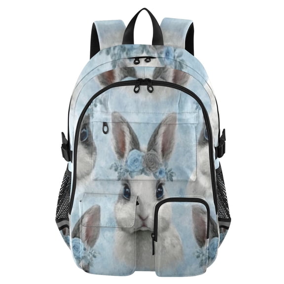 DIXRUYEE Blue Floral Crown Bunny Backpack for School 14”Laptop Compatible with Reflective Safety Strips