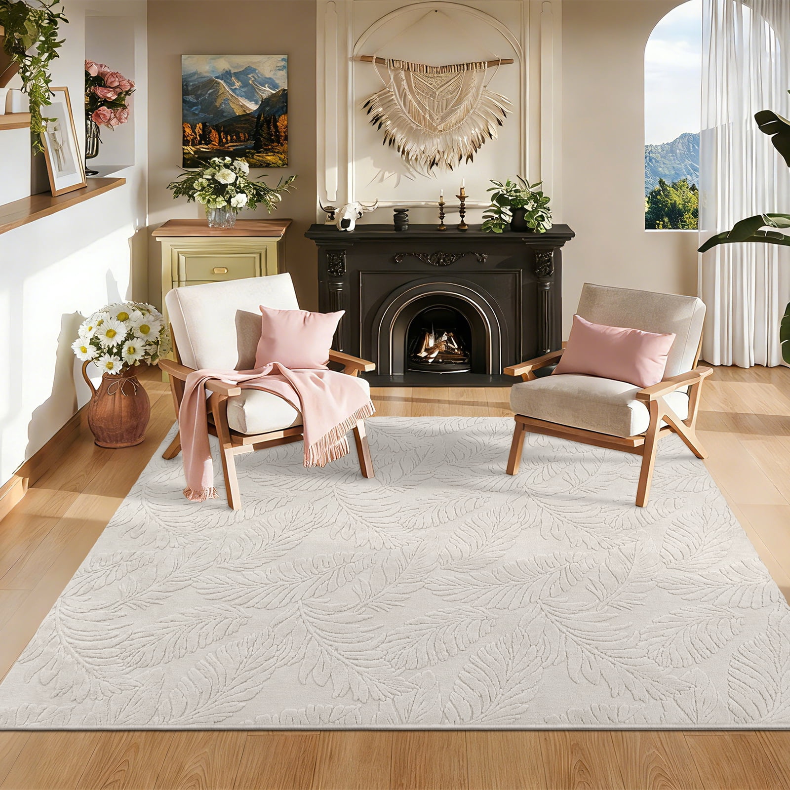 MeyJey 5’x7’ Area Rug for Living Room, Jacquard Textured Modern Rugs Soft Leaf Geometric Rug for Bedroom, Non Slip Indoor Rugs for Dining Room Home Office
