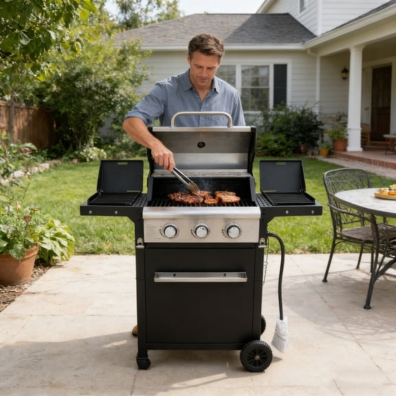 Fehomix 3 Burner Propane Gas Grill, Stainless Steel BBQ Grill with Built-in Thermometer & Electronic Ignition, 26,000 BTU Outdoor Patio Garden Grill with Two Foldable Side Shelves