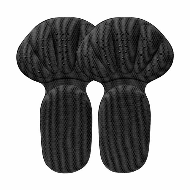 almohadillas taloneras & dos en uno superficie de punto esponja talonera insertos y cómodas almohadillas taloneras para ampollas dolores de talón y zapato flojo, par negro, vista frontal centrada de dos insertos en T con superficie de punto texturizada; parte superior amplia con perforaciones en abanico y sección inferior oval acolchada; espuma bajo la tela y respaldo autoadhesivo para adherir al talón del zapato; diseñadas para reducir rozaduras, mantener el talón en su lugar y aliviar molestias leves.
