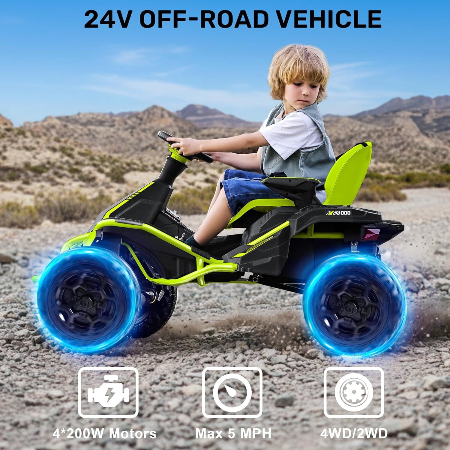 TOKTOO 24V Ride On Toys for Big Kids, 4 Wheeler for Kids Age 5-12, 800W Electric ATV Car for Kids with Parent Remote, Adjustable Seat, LED Lights & Music, Green