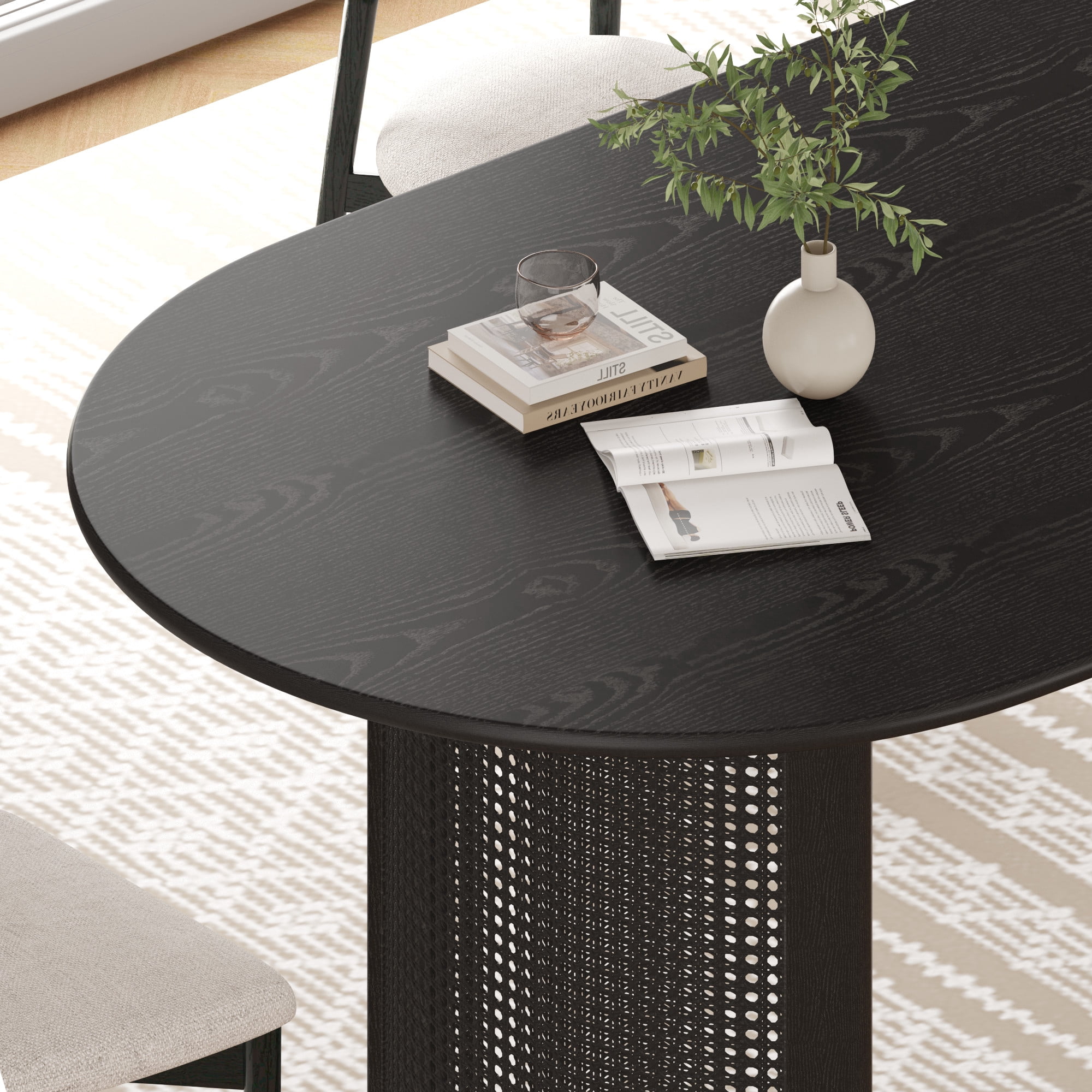 MAYEERTY Modern 67*33.5*30" Oval Black Dining Table with Arc - shaped Rattan Legs, Seats 6