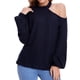 thumbnail image 1 of Hombro frío knit gota hombro linterna manga larga crewneck knit suave suelta waffle pullover para mujeres azul marino XL, 1 of 5