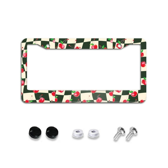 Cherry Fruit Checkered Print License Plate Frames for Women Men Car Plate Holder Cover Metal Tag Aluminum Car Accessories Front Rear Plate Decor