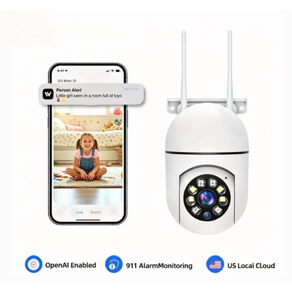 AI Intelligent Surveillance Camera - 911 Alarm Easy Install Quick Setup Full Color Night Vision Two Way Audio Motion Detection Security System