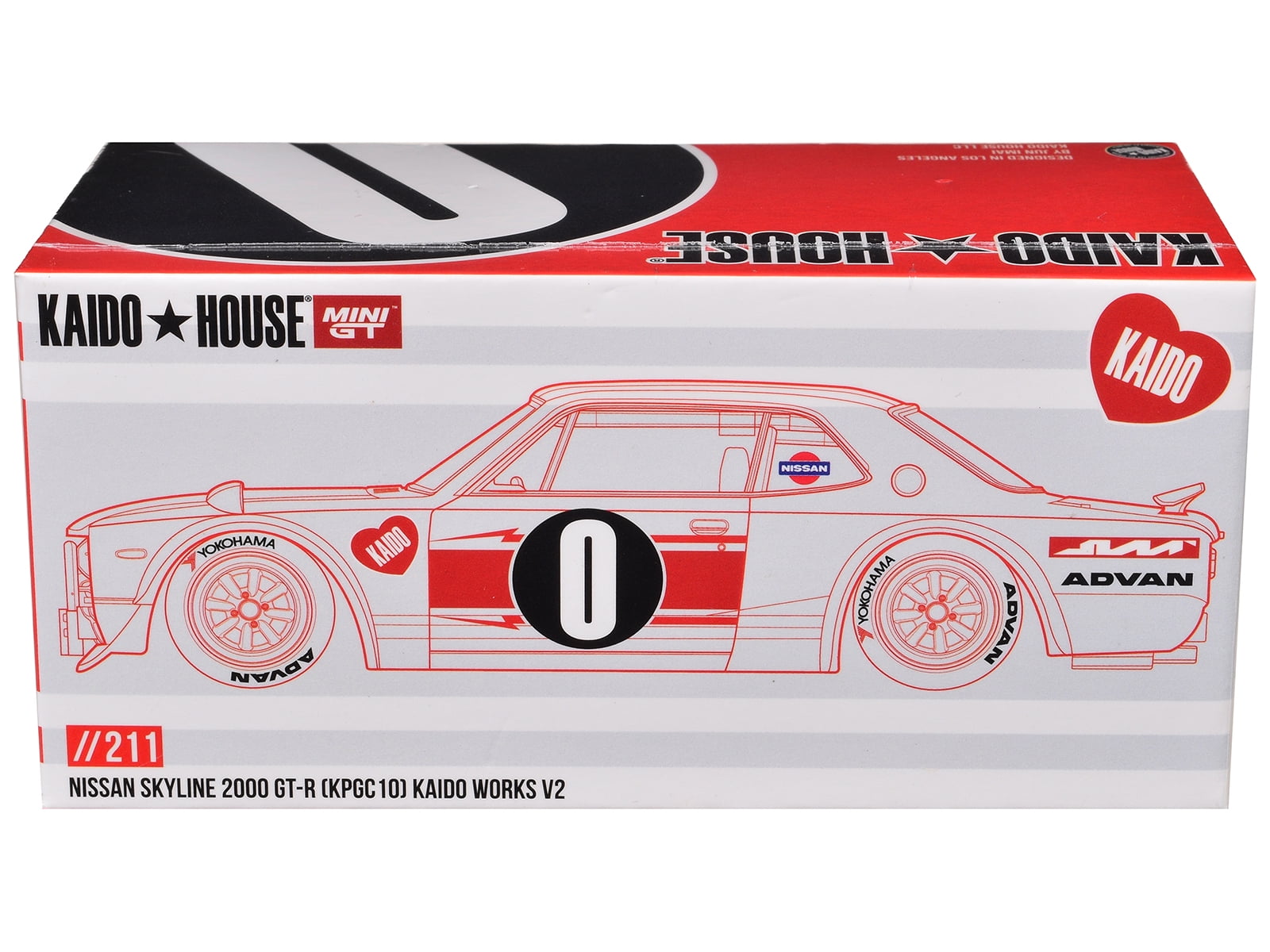 Nissan Skyline 2000GT-R (KPGC10) "Kaido Works V2" RHD White with Red "Kaido House" Special 1/64 Diecast Model Car by Mini GT
