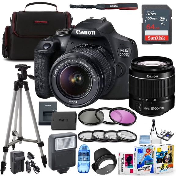 Canon EOS 2000D DSLR Camera with 18-55mm Lens Bundle 64GB Extreme Pro Memory, Case, Filter, Macros, Flash, Tripod and More
