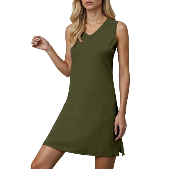 JIAYUE Women's Dress Above Knee Casual Sleeveless Sexy V Neck Split Hem Flowy Beach Comfortable Loose Fit Boho Maxi For Classic Female Dresses