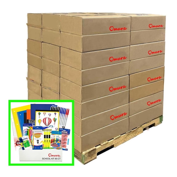 OMURA Learning Elementary School Back to School Supply Box, 85-Piece Classroom Essentials Kit – Bulk Pallet Pack (112 Units)