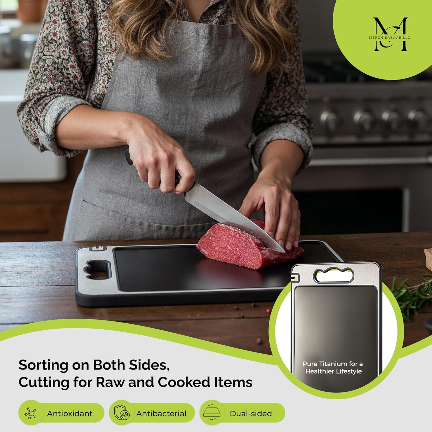 Titanium Cutting Board 14.3x9.7 | Double Sided Non-Slip | Built-In Knife Sharpener