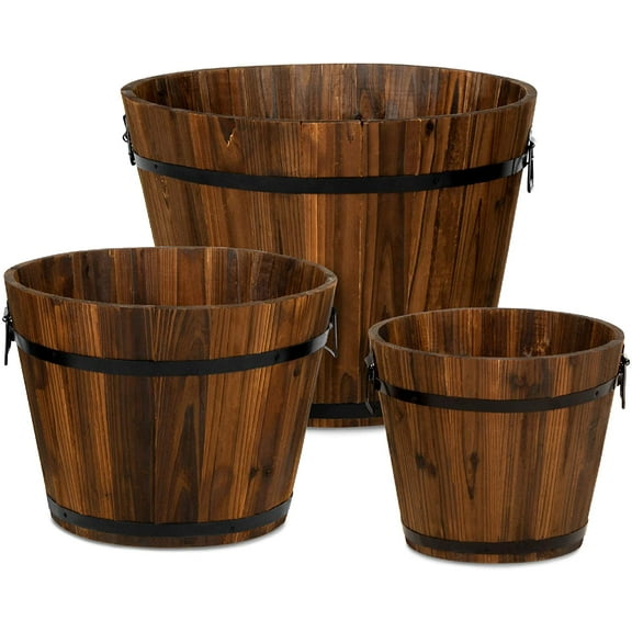 Yirtree Small Wooden Bucket Barrel Planters  4.72" x 3.54" x 3.94" Rustic Flower Planters Pots Boxes Container for Indoor Home Decor Small Plants, Brown