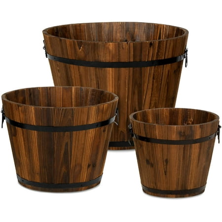 Yirtree Small Wooden Bucket Barrel Planters – 5.91  x 4.72  x 5.12  Rustic Flower Planters Pots Boxes Container for Indoor Home Decor Small Plants  Brown