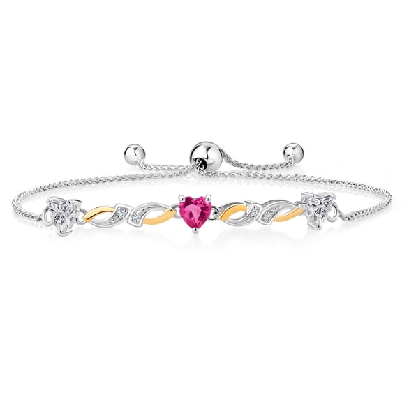 Gem Stone King 925 Silver and 10K Yellow Gold Lab Grown Diamond and Pink Created Sapphire Bracelet for Women | 1.51 Cttw | Gemstone April Birthstone | Heart Shape 5MM | Fully Adjustable 9 inch
