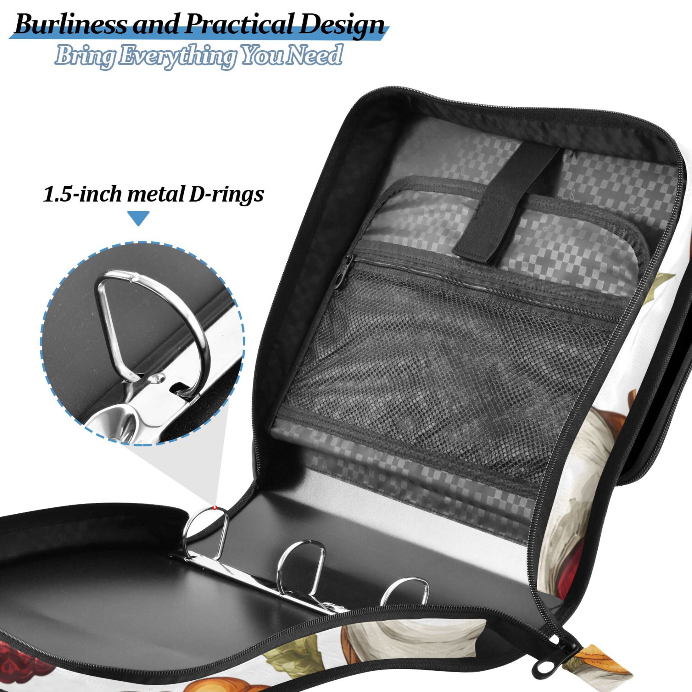 3 Ring Zipper Binder with Shoulder Strap Waterproof Trapper Keeper 2 Inch D-Ring 500 Sheets Capacity Cake Pomegranate Pumpkin