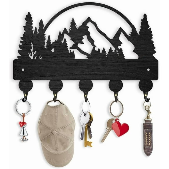 Black Mountains and Forests Wooden Key Holder for Wall Wood Key Rack with 5 Metal Hooks Wall Mounted Mountains Key Hooks 11.8x6.7inch