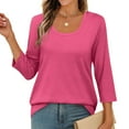 thumbnail image 3 of Olyvenn Women's Casual 3/4 Sleeve T-Shirts Round Neck Cute Tunic Tops Basic Tees Blouses Loose Fit Pullover Hot Pink XXL, 3 of 9