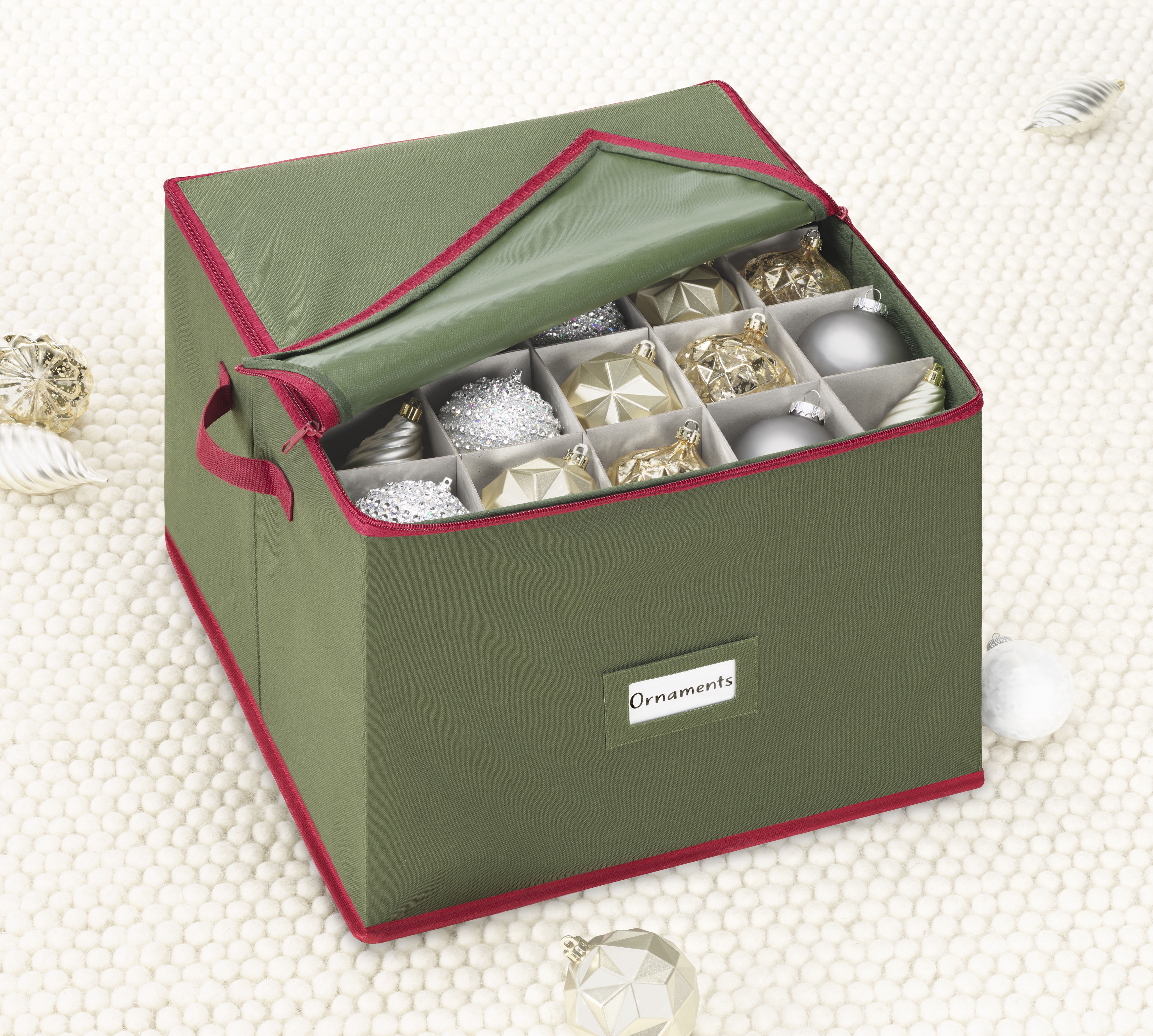 Whitmor Large Polyester Christmas Ornament Box 75 Sections, Green W/Red Trim - Adult Use