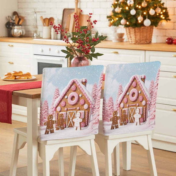 Pink Christmas Tree Chair Covers Set of 4 Xmas Ginger Bread Man House Candy Snow Chair Back Covers Stretch Removable Washable Slipcovers Protector for Dining Room Kitchen Party Decor