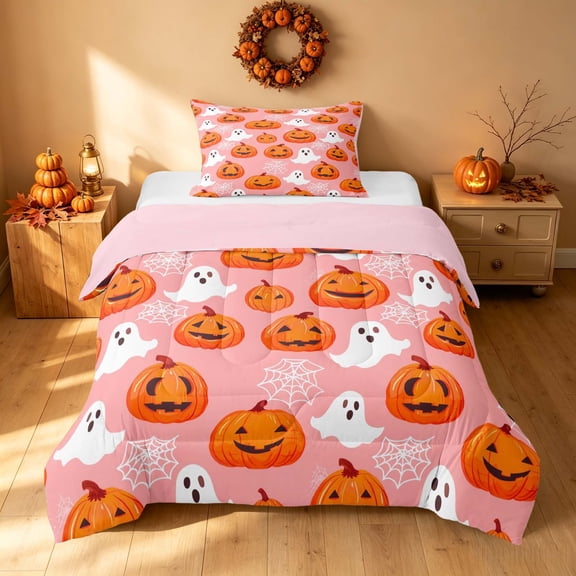 Homewish Halloween Pumpkin Twin Comforter Sets for Girls, Ghost Web Bedding Set, Pink Orange White, Pink Reversible, 2-Piece 1 Comforter and 1 Pillowcase