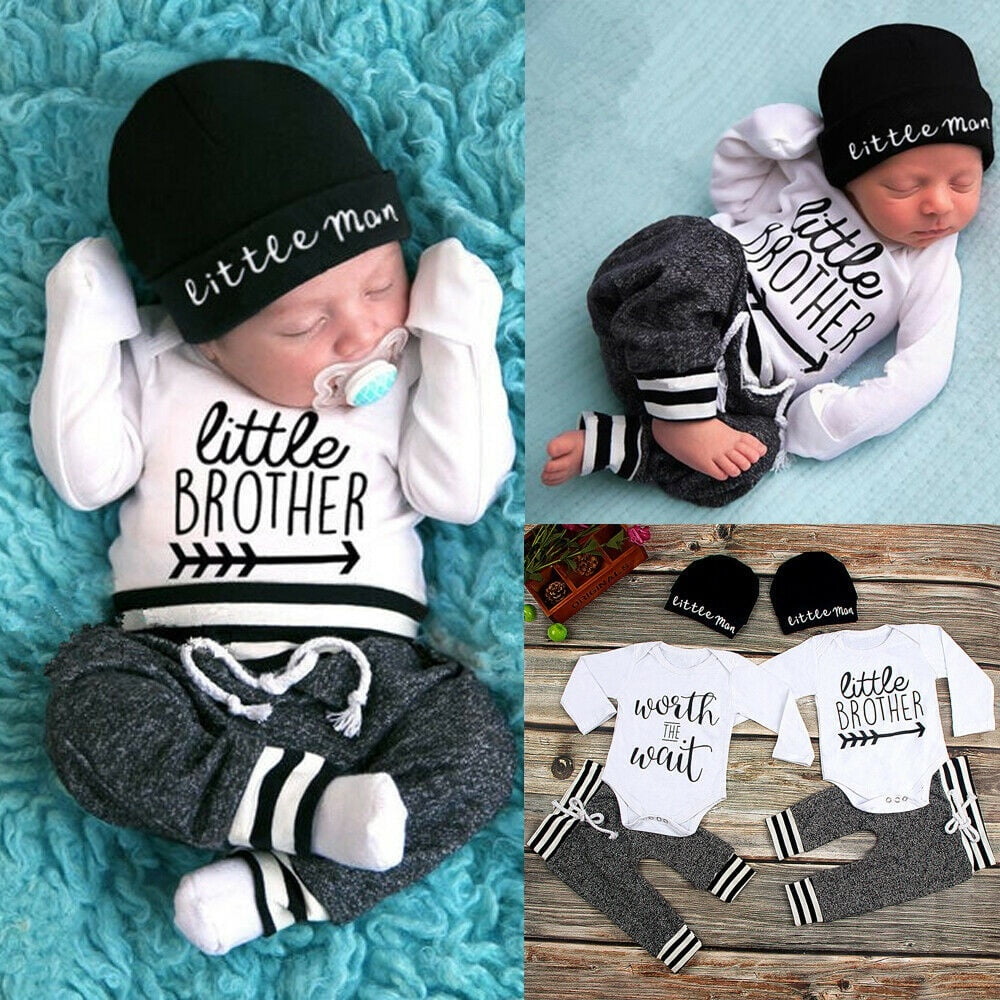 Wangscanis Newborn Infant Baby Boy Little Brother Long Sleeve Romper Pant Outfit Clothes White