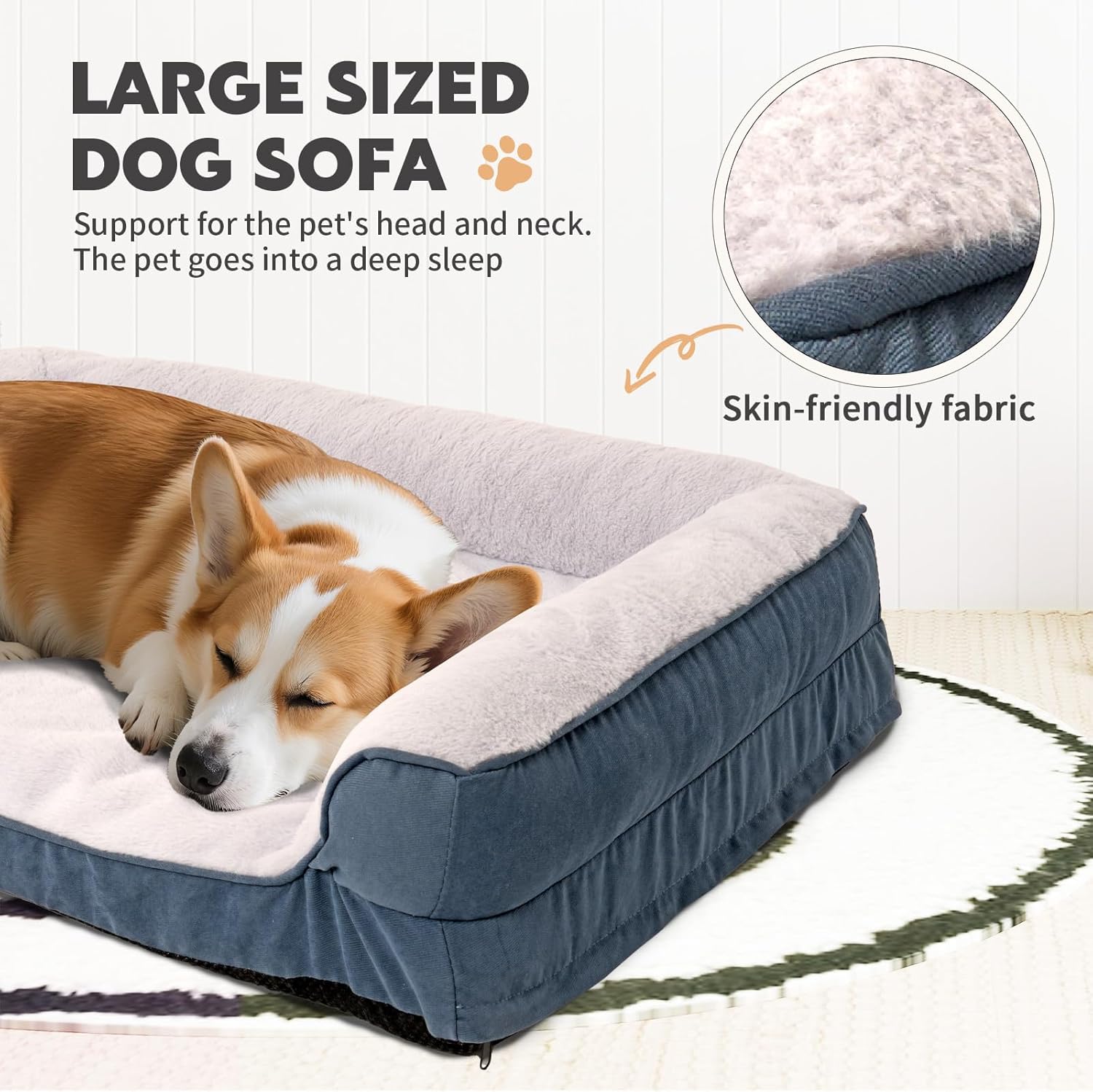 Dog Bed Waterproof Medium/Large Sized XL Foam Pet Beds Removable Washable Cover Dog Sofa Egg Crate Foam Support with Zipper Bottom Bolster Deluxe Plush Mat (Blue + White+33x25x7.8in)