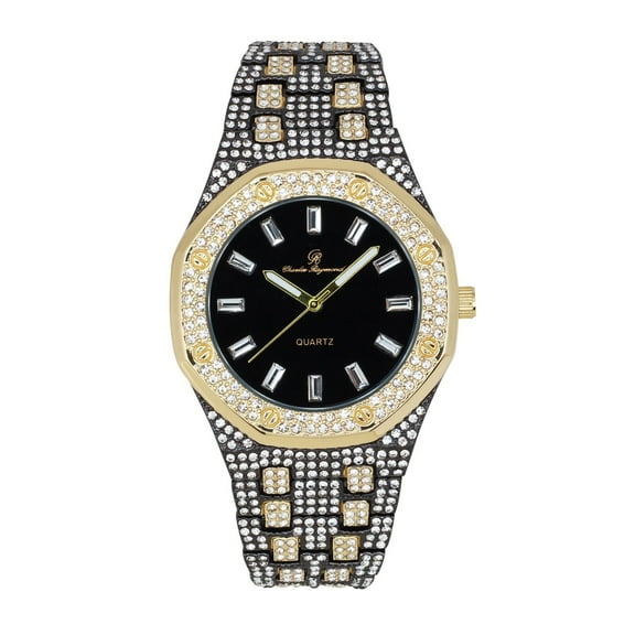 Men's Hip Hop Style Black Gold Baguette CZ Watch Luxury Fashion Analog Gold Plated Fashion