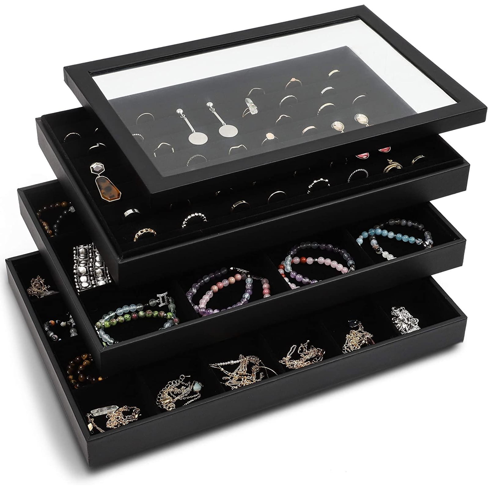 32 Compartment Jewellery Bracelet Ring Velvet Display Stand Storage Case Tray 