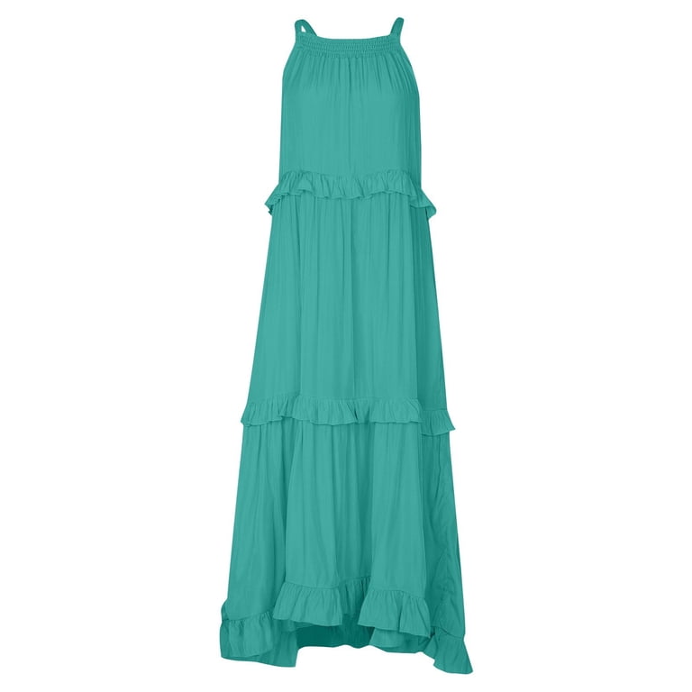 IUZSOKIL Womens Boho Maxi Dress, Halter Neck, Sleeveless, Flowy Tiered  Ruffle, Army Green, XL