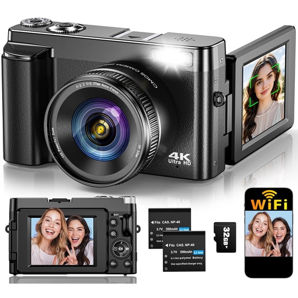 Cámara digital 4K para fotografía con enfoque automático, cámara Vlogging WiFi mejorada de 64MP para YouTube con pantalla abatible 180 de 3", zoom 16X, cámaras de viaje compactas para principiantes co