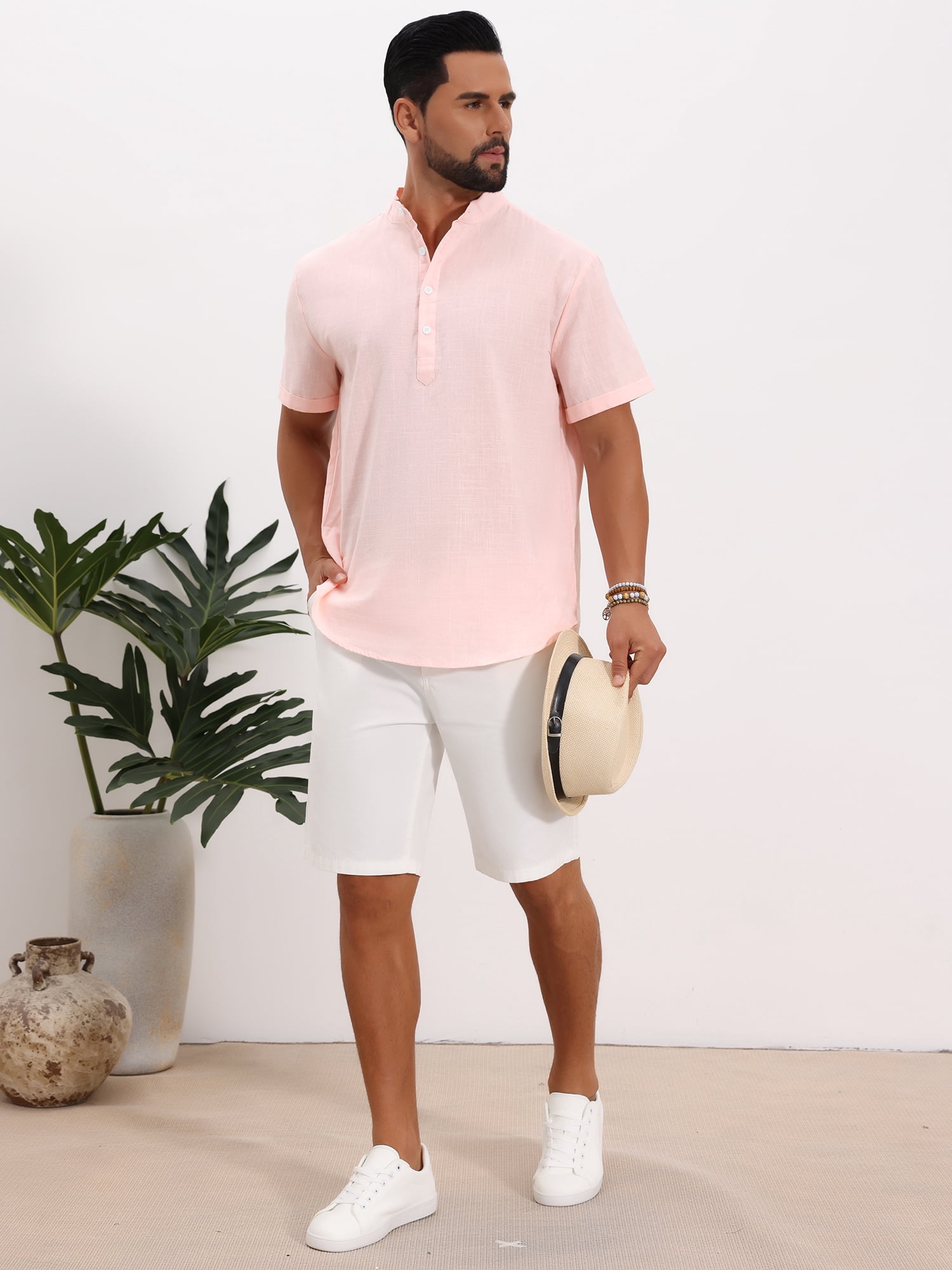 DARING DIVA Men's Solid Color Stand Collar Short Sleeve Henley Shirts S Pink