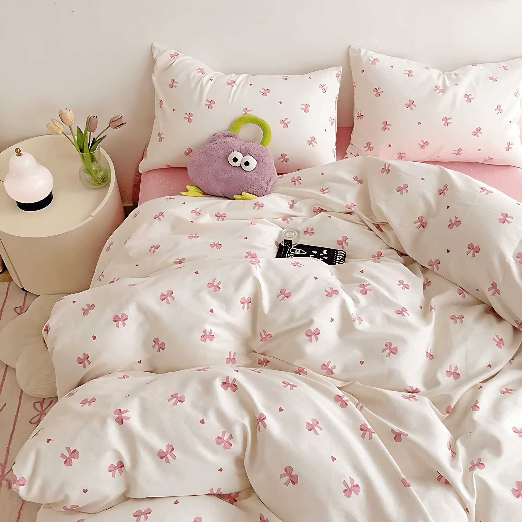 2 Pieces Cartoon Pink Bowknot Pattern on White Duvet Cover Set Boys Girls Teens Gentle Soft Home Cozy and Breathable Bedding Set,Twin Size