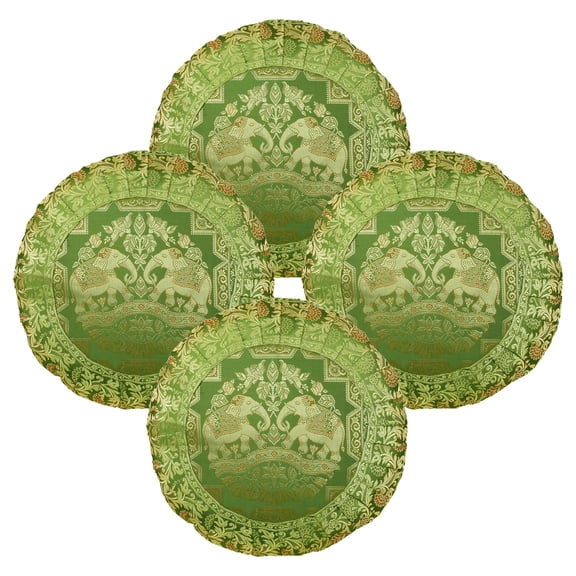 Stylo Culture Ethnic Brocade Home Decor Throw Pillow Sham Covers Olive Green 17x17 Traditional Jacquard Weave Pleated Border Sofa Cushion Covers 43 x 43 cm Satin Elephant Pillow Cases | Set Of 4