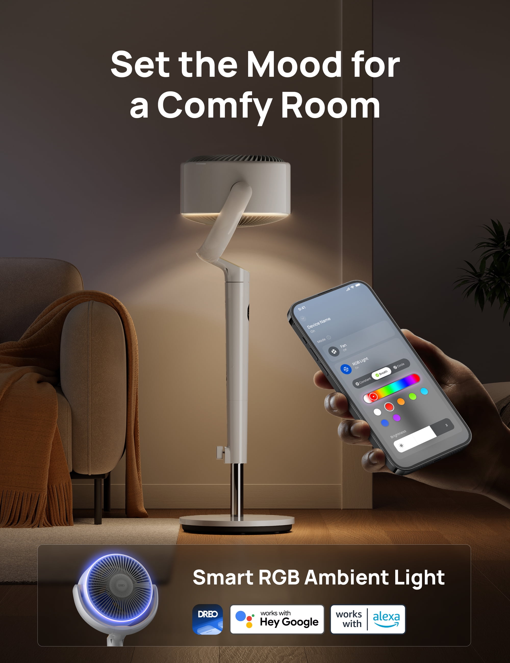 Dreo Smart Fan for Bedroom, 120° +120° Omni-Directional Oscillating Fans, 90ft Quiet Pedestal Fan with RGB Light, 9 Speeds, 6 Modes, 20dB, 8H Timer, Wi-Fi/Voice/Alexa, 37-42" Floor Fans with Remote