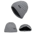thumbnail image 3 of WREESH Men's Knitted Beanie Hat Fleece Thickened Wool With Large Vertical Stripe and Leather Label, Ideal for Outdoor Wear Gray, 3 of 4