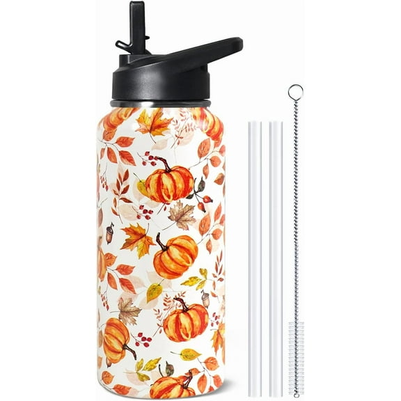 32oz Fall Pumpkin Stainless Insulated Aater Water Bottle with Straw,Autumn Gym Hiking Sports Coffee Mug Cup Water Bottles,Fall Decor Stuff Accessories