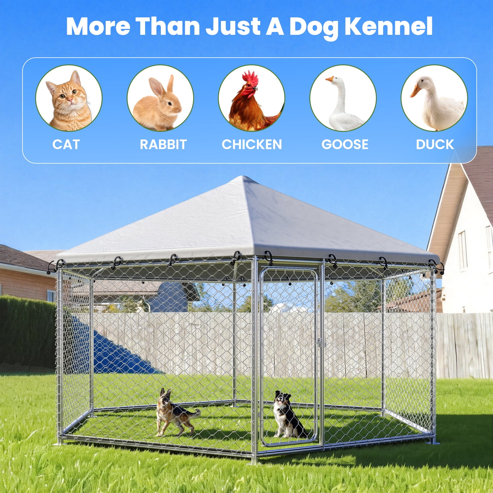 YOKWOK 12.5x12.5ft Large Outdoor Dog Kennel, Heavy Duty Dog Kennel with Anti-Rust Wire, Waterproof Roof Cover, Security Lock & Metal Gate for Large Dogs, Backyard, Farm, Outside Use