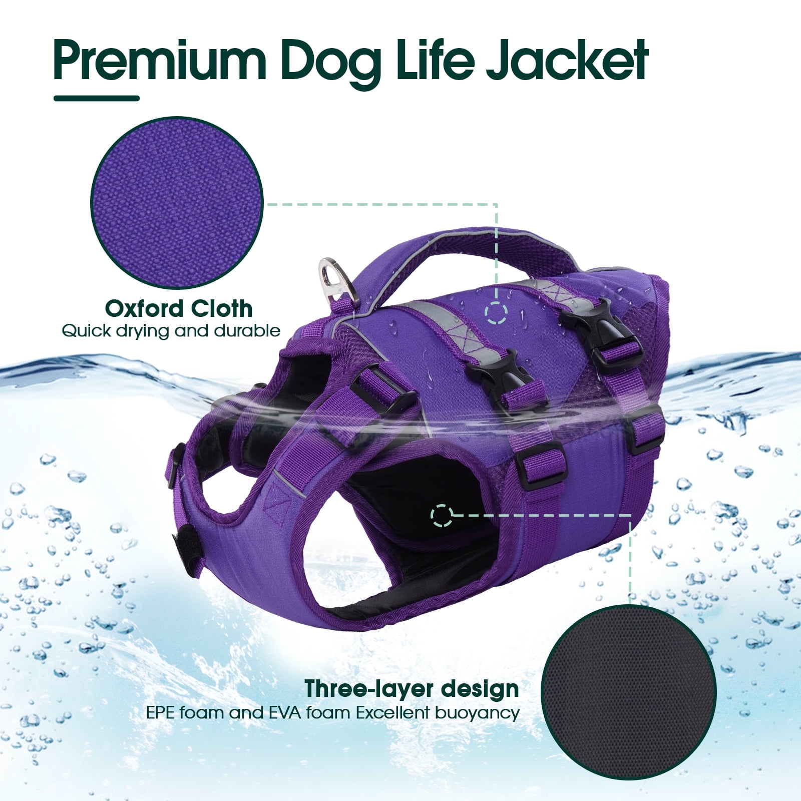 Kuoser Dog Life Jacket, High Flotation Dog Life Vest for Swimming Boating, Purple, S