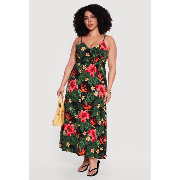 Women's Plus Size Tropical Floral V-Neck Cami Maxi Dress