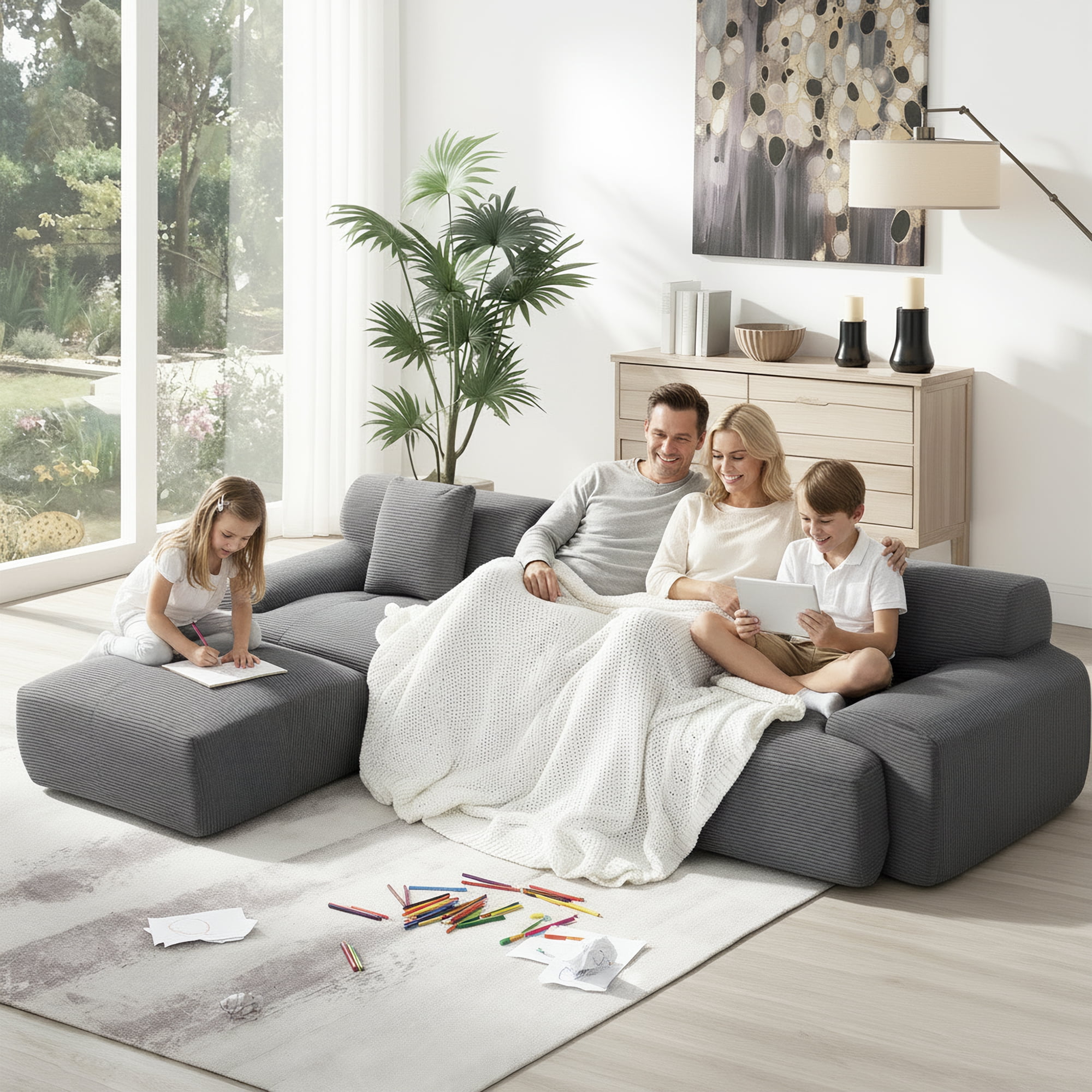 GAOHAPY 107"Modern L Shaped Modular Sectional Sofa, Oversized Corduroy Couch Deep Seat, Boneless Cloud Couch with Ottoman, 30D Sponge for Indoor Living Room, No Assembly Required(Dark Grey)