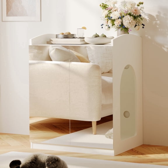 Modern Mirrored Tall Cat Litter Box Enclosure, Hidden Furniture for Self-Cleaning Litter Box, 31.2" x 29.2" x 39.2"H, White